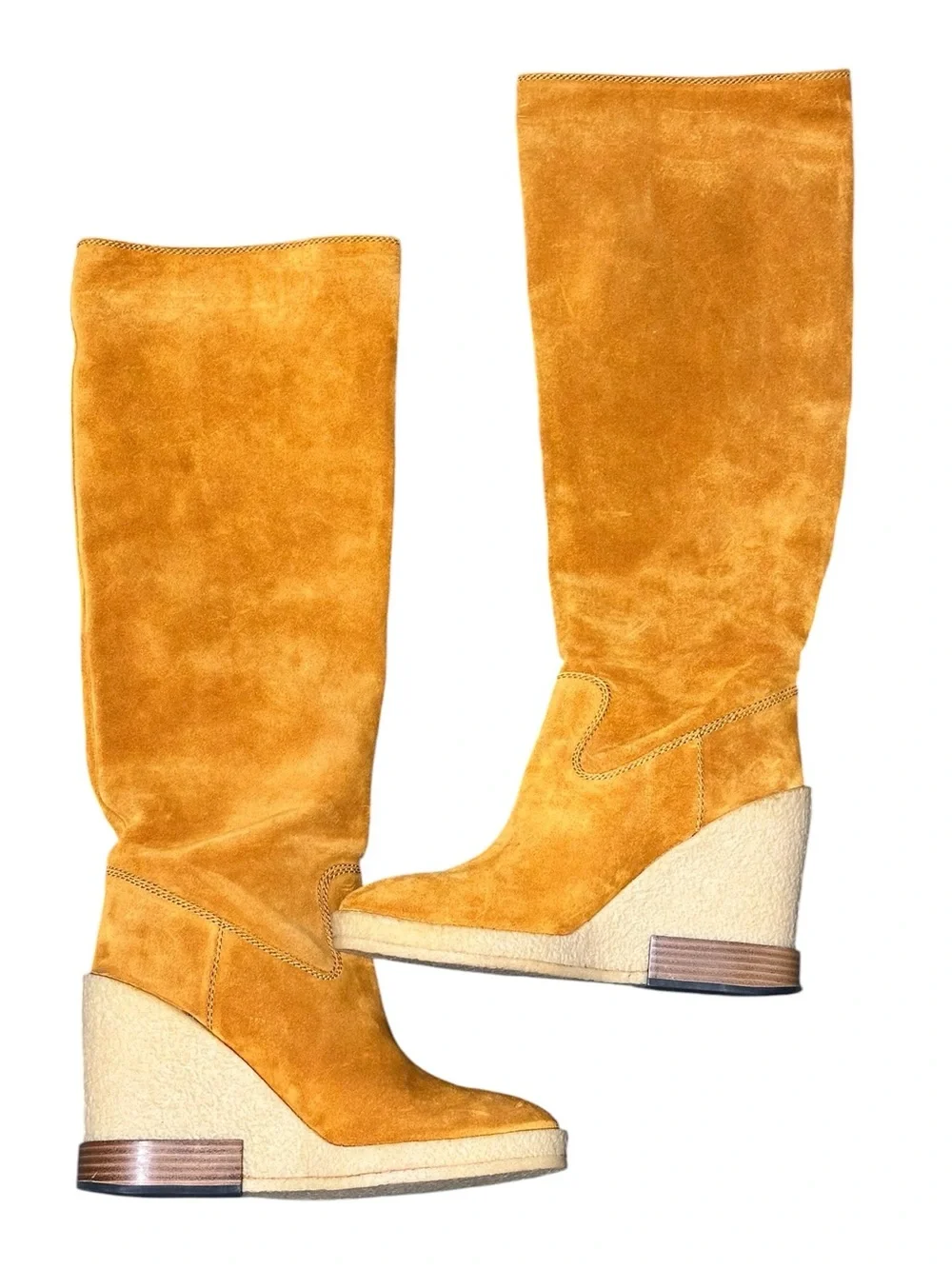 Tod’s Mustard tan Suede Wedge Knee-High Boots new with box full set 40 /9 NWT